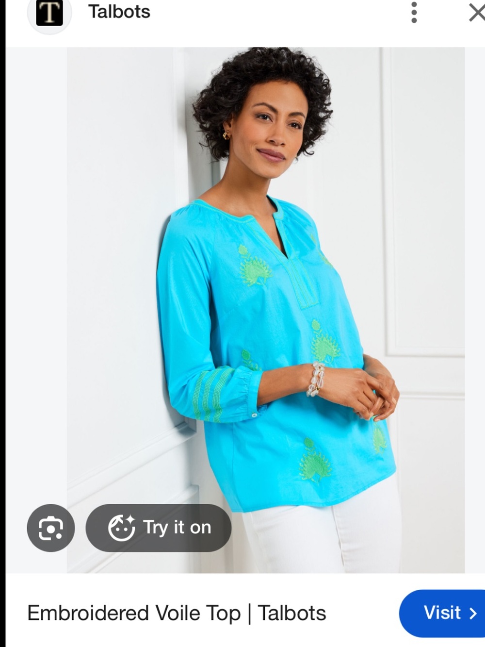Talbots Bright Turquoise Embroidered Voile Tunic